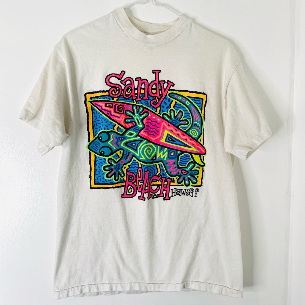 Vintage 80s Single Stitch Sandy Beach Gecko Hawaii White Graphic Tee
